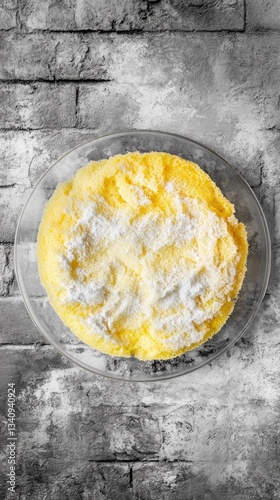 Top view of lemon sponge cake in transparent plate on a gray brick wall background, hyper realistic photo with high quality