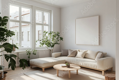 Wallpaper Mural Bright Scandinavian Living Room with Large White Picture Frame Mockup Torontodigital.ca