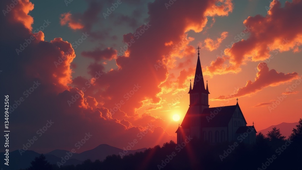 Fototapeta premium Church Silhouette Against Dramatic Sunset Sky