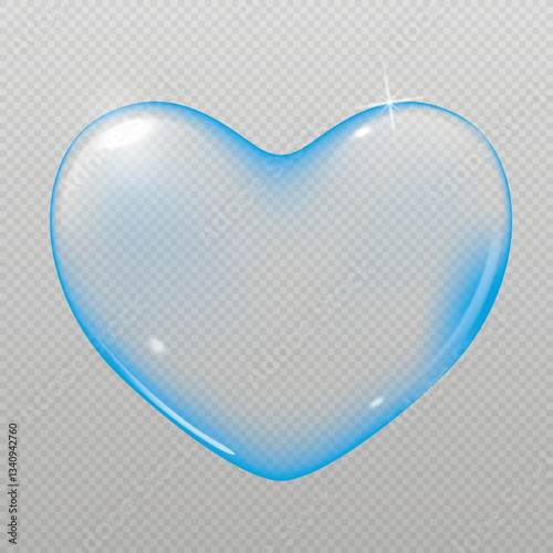 Realistic transparent blue vector soap bubble shaped as heart. Romantic glossy soapy heart. Valentine day symbol. Black background.