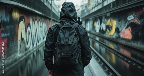 Person in black jacket and backpack walks through graffiti-covered urban passageway reflecting wet surfaces, moody atmosphere