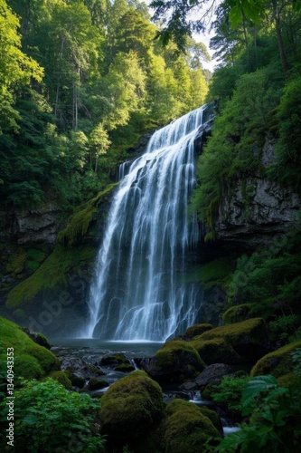 a close up of a waterfall in a forest with moss on the ground