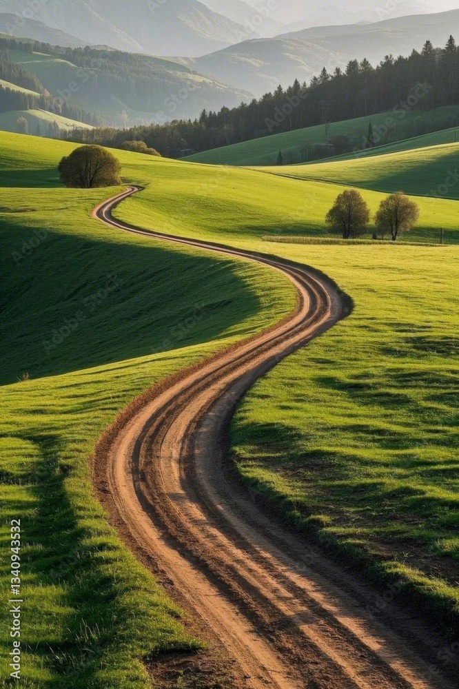 Obraz premium a view of a dirt road winding through a green field