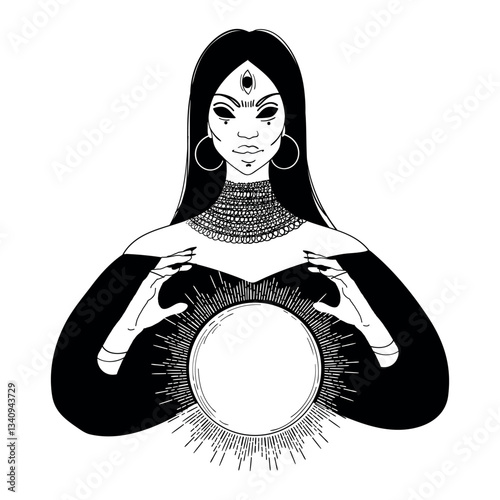 Witch with a ball for predictions, predicting the future, fortune telling on tarot cards, flat tattoo, vintage vector icon isolated on white background.