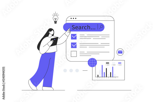 SEO analysis concept. Woman Character settings site for search engines, analyzes statistics of web page, improvement and optimization. Flat Cartoon Vector Illustration, icon. Stylish abstract design 