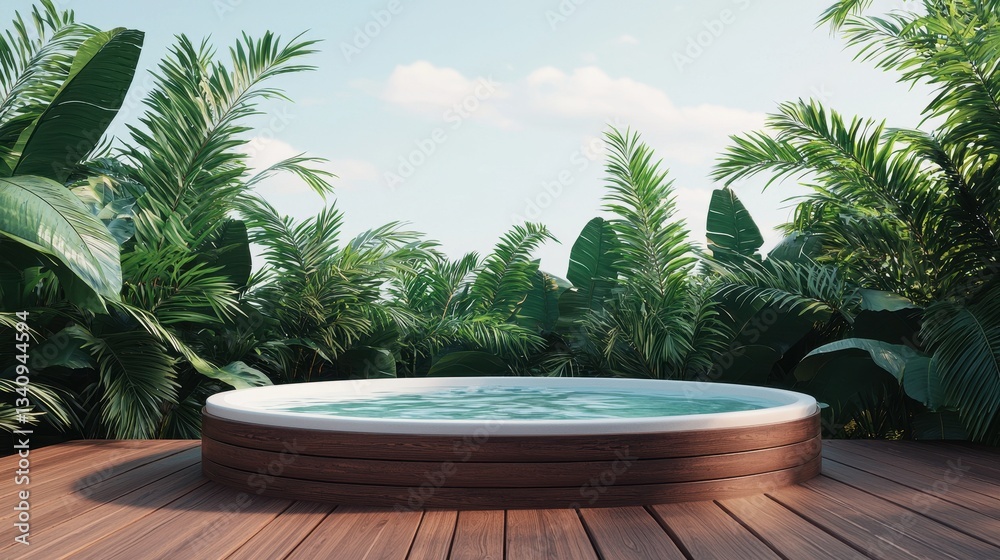 Fototapeta premium Tranquil Outdoor Hot Tub Surrounded by Lush Green Tropical Plants on a Sunny Day
