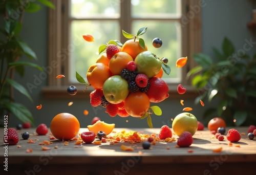 captivating still life fruits defying showcasing vibrant unique enchanting composition, apple, banana, orange, passionfruit, kiwi, melon, colorful