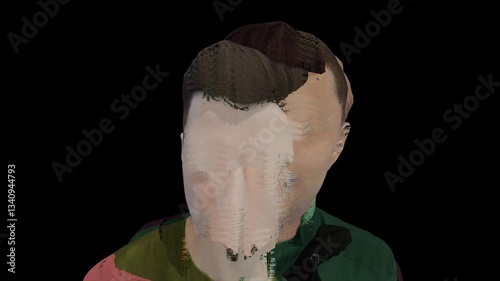 The blurred face of the man. The aesthetics of glitch and digital distortion.
