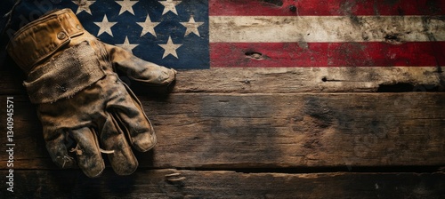 Labor rights advocacy visual with threadbare gloves and flag on weathered shipyard timber, optimized for union strike fundraisers, workers' compensation legal ads, or industrial accident memorials.