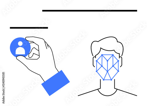 Hand holds circular user profile icon next to head scanned with facial recognition pattern. Ideal for technology, AI, identity verification, security, biometrics, user access, innovation. Flat simple