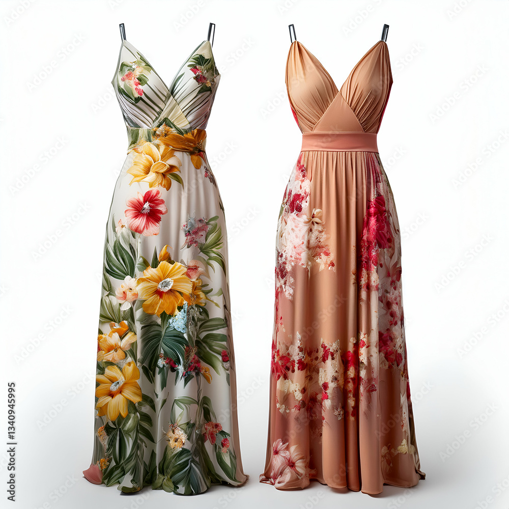 Naklejka premium Two Elegant Maxi Dresses, Vibrant With Tropical Floral Prints, Perfect For A Summer Wedding Or A Beachside Celebration, Showcasing A Luxurious Flow And Soft Drape