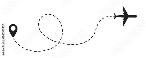 Dotted line of the airplane's route. The trajectory of an airplane. Aircraft path icon with a start point and a dash line. Tracking the flight path. EPS 10. Vector illustrations