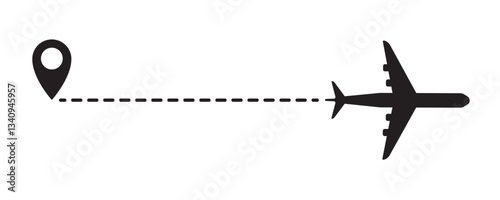 Dotted line of the airplane's route. The trajectory of an airplane. Aircraft path icon with a start point and a dash line. Tracking the flight path. EPS 10. Vector illustrations