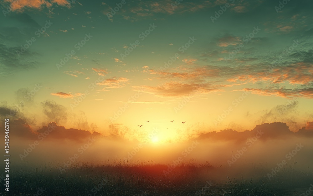 Fototapeta premium Sunrise through mist over field