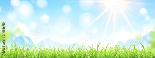 The panoramic image showcases a natural landscape of green grass field, blue sky with clouds, and mountains in the background, typical of a summer or spring meadow, with a shallow depth of field