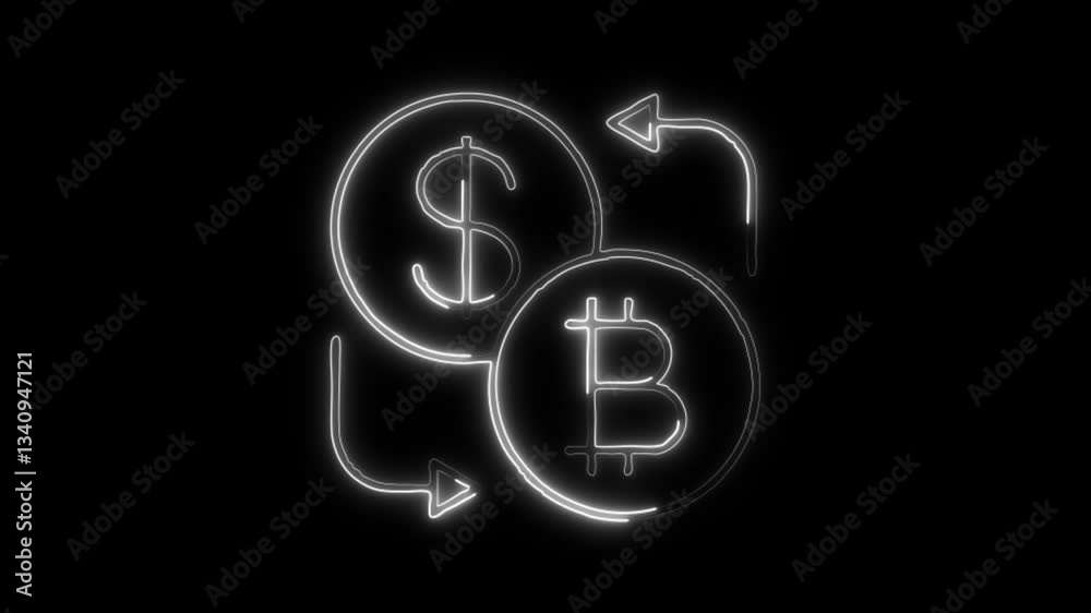 Glowing neon bitcoin to usd icon isolated on black background. HD Video motion graphic animation