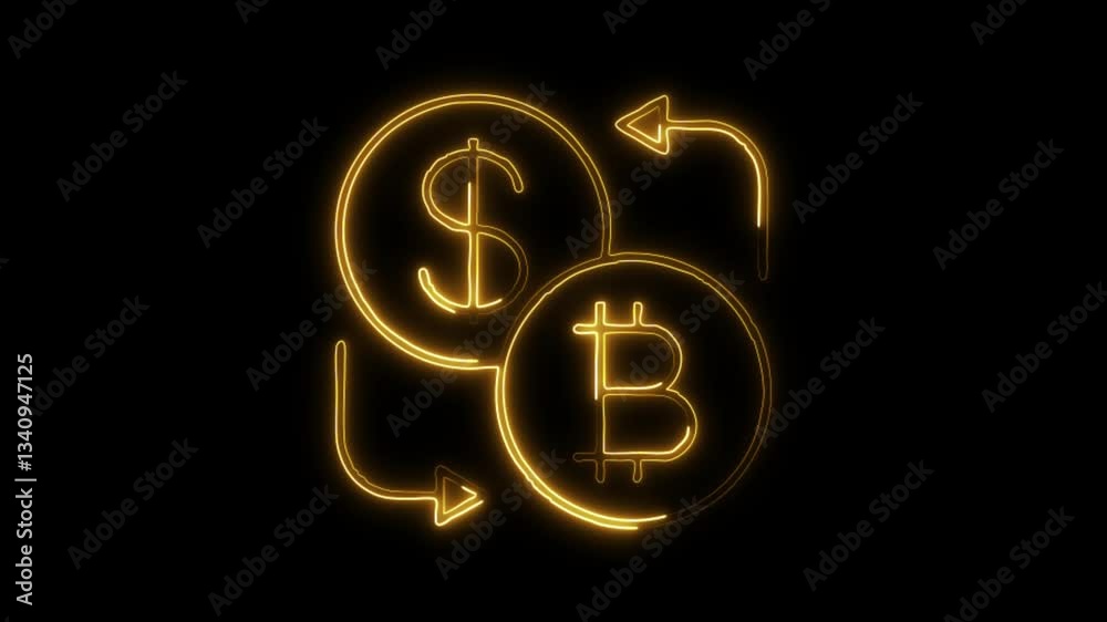 Glowing neon bitcoin to usd icon isolated on black background. HD Video motion graphic animation