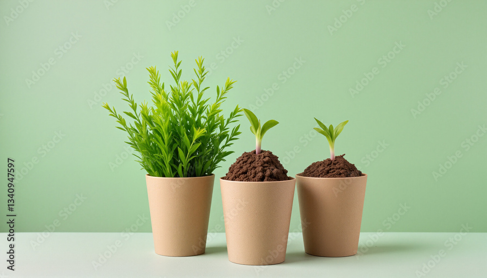 Fototapeta premium Biodegradable paper cups filled with soil and sprouting plants on a trendy mint background for World Environment Day