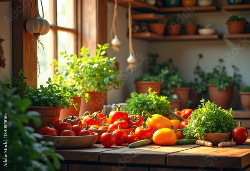 colorful fresh produce displayed untidy kitchen full life flavor, vegetables, fruits, herbs, spices, organic, seasonal, local, ingredients, cooking