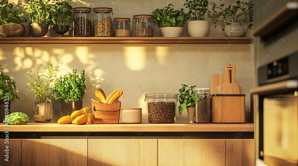 A bright and warm kitchen showing different storage items and plants A bright and warm kitchen showing different storage items and plants