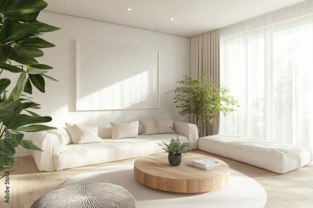 Fototapeta premium Bright Scandinavian Living Room with Large White Picture Frame Mockup