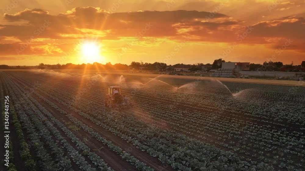 Aerial view drone shot of irrigation system on agricultural cabbage field and farmers with tractor working at sunset helps to grow plants in the dry season. Beautiful sunny landscape rural scene