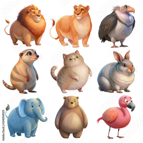 Set of cube chubby water color animals - Lion, lioness, vulture, meerkat, cat, rabbit, elephant, bear, flamingo, transparent  background,  illustration, clipart for kids