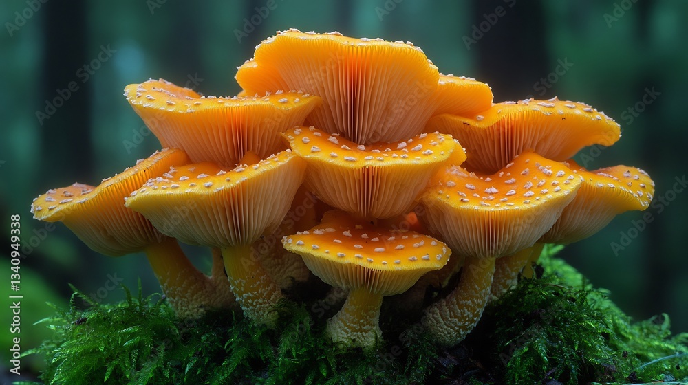 Cluster of edible chanterelle mushrooms Cantharellus cibarius with bright golden yellow caps nestled in a forest's mossy floor highlighting their funnel like shape Cluster of edible chanterelle mushrooms Cantharellus cibarius with bright golden yellow caps nestled in a forest's mossy floor highlighting their funnel like shape