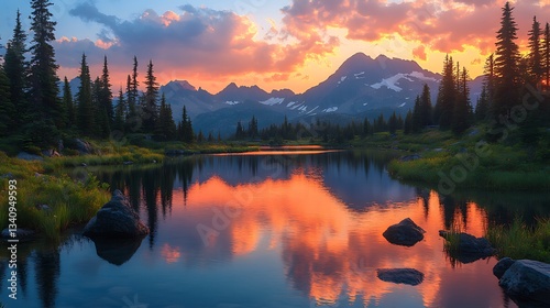 Crystal clear alpine lake nestled in a mountain range, mirror-like reflection, pristine wilderness, alpine serenity :: paddleboarding, lakeside camping, alpenglow 