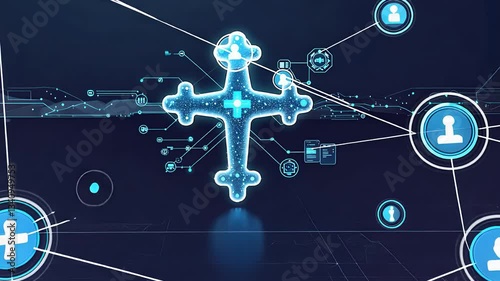 Futuristic Digital Cross with Glowing Blue Network Connections and Social Media Icons in a High-Tech Cyber Interface

 photo
