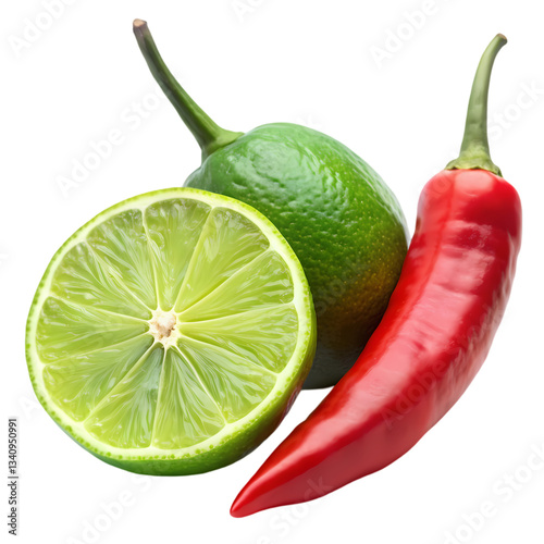 Lime, Chili Pepper: Fresh Ingredients, Spicy Recipe isolated on transparent background