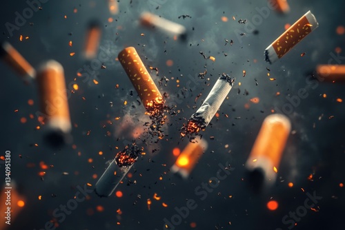 A dramatic scene of cigarettes bursting into flames and smoke in mid-air