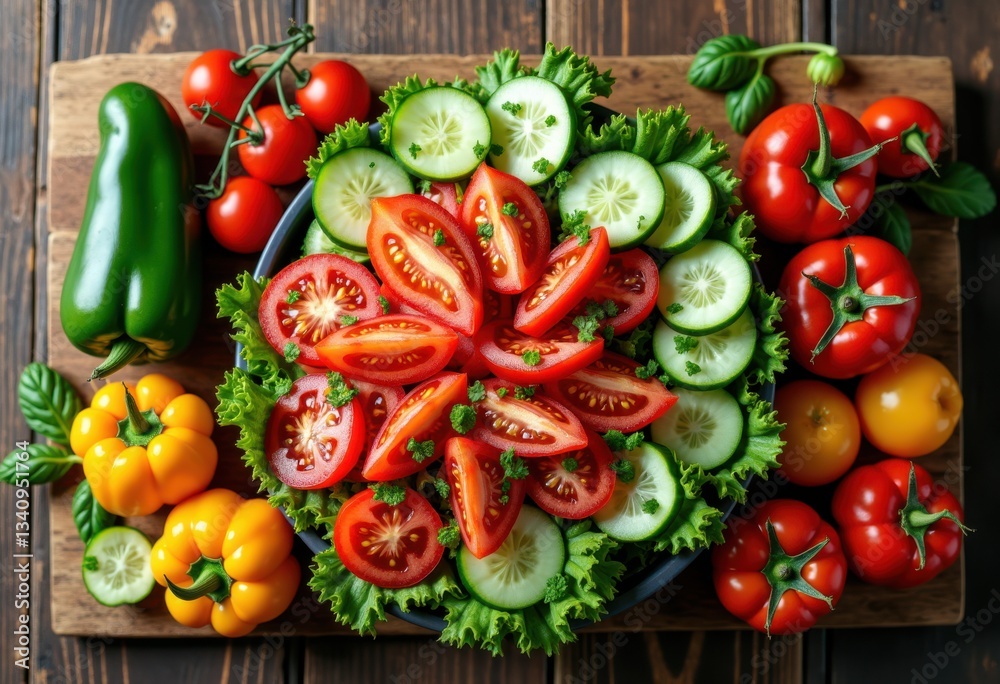 colorful arrangement fresh salad ingredients rustic wooden table showcasing vibrant colors textures, avocado, tomatoes, lettuce, cucumber, bell, pepper colorful arrangement fresh salad ingredients rustic wooden table showcasing vibrant colors textures, avocado, tomatoes, lettuce, cucumber, bell, pepper