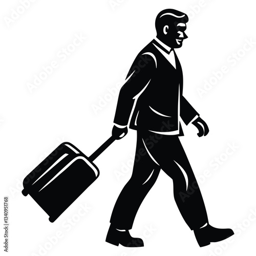 Businessman walking with travel luggage, isolated vector silhouette, Man pulling a suitcase silhouette vector art black color design