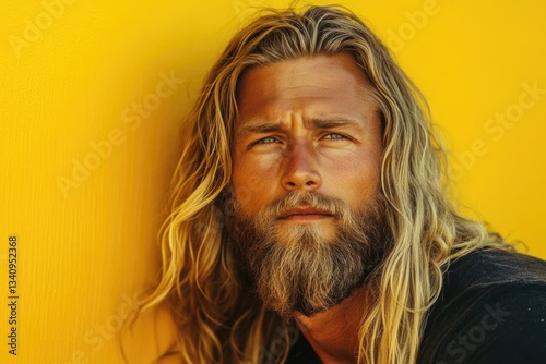 A portrait of a man with long hair and beard, suitable for use in editorial or advertising content