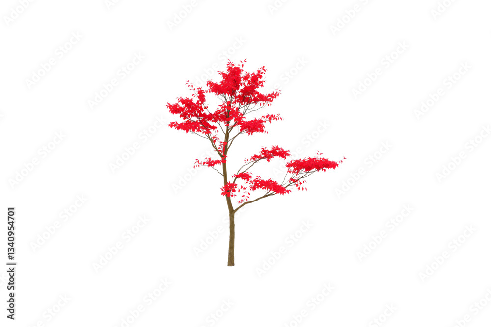 Fototapeta premium A delicate Japanese maple tree with vibrant red leaves, gracefully structured branches, and a slender brown trunk, isolated on a transparent background