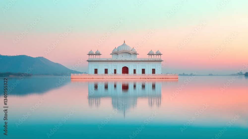 Obraz premium Serene Reflection of Majestic Temple in Tranquil Waters at Sunrise with Colorful Skies and Soft Pastels in a Peaceful Landscape