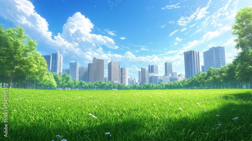 Lush park with city skyline on a sunny day.  Possible use Stock photo for advertisements, presentations, or websites