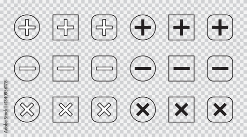 Mathematical signs, plus, minus, multiply on a transparent background. Algebra. EPS 10. Vector illustrations