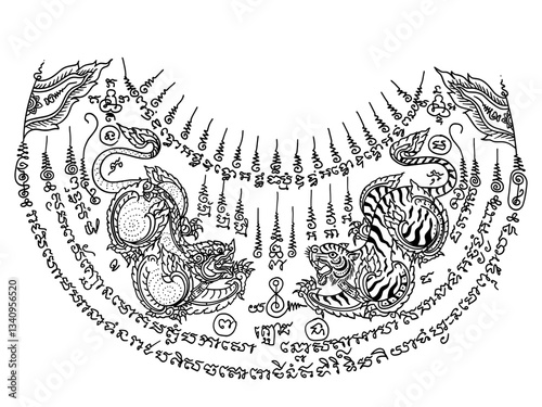 Thai traditional tattoo. Yant Suea and Singha or Tiger and Lion yantra. Thai text translation: protection from harm, danger, and negative influences.