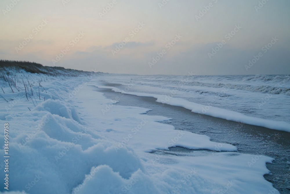 Obraz premium Snow-covered beach at dawn with gentle waves and tranquil winter atmosphere