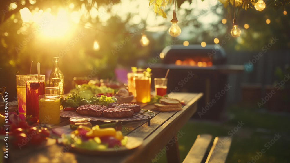 A charming summer barbecue gathering in a backyard with friends and family. The grill is sizzling with steaks and vegetables, while a table is set with colorful drinks, snacks and salads A charming summer barbecue gathering in a backyard with friends and family. The grill is sizzling with steaks and vegetables, while a table is set with colorful drinks, snacks and salads