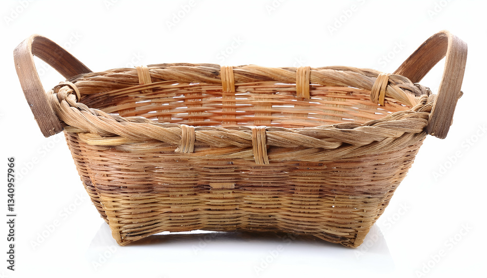 A Rustic Woven Basket With Sturdy Handles, Ready For Gathering Natures Bounty, Showcasing Its Simple Elegance Against A Bright White Background A Rustic Woven Basket With Sturdy Handles, Ready For Gathering Natures Bounty, Showcasing Its Simple Elegance Against A Bright White Background