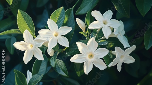 Cluster of white jasmine flowers on a vine, glowing in soft twilight, rich green leaves.