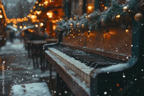Vintage snow-covered piano in festive outdoor holiday market with string lights
