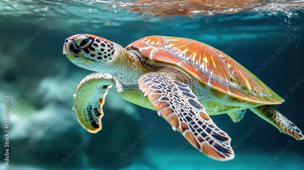 Fototapeta premium Stop pollution wildlife concept. Swimming turtle in clear blue water.