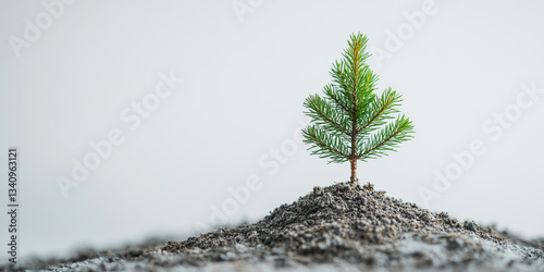 A young pine tree sprout emerging from rich soil, isolated against a white background, representing growth, sustainability, and the beauty of nature in its earliest stages.