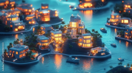 digital 3d isometric illustration of an illuminated futuristic eco-smart island condos