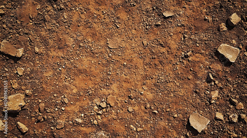 A top down view of a surface covered in dirt and small rocks with a few larger stones scattered around