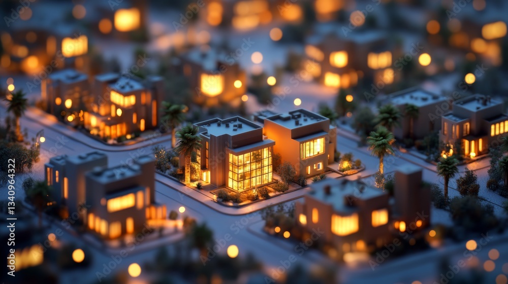 digital 3d isometric illustration of an illuminated eco-smart desert suburb digital 3d isometric illustration of an illuminated eco-smart desert suburb